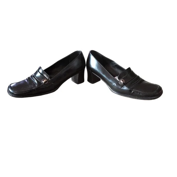Via Spiga Black Leather Loafer Pumps  7.5M Made in Italy Block Heel Career Shoes - Picture 3 of 5